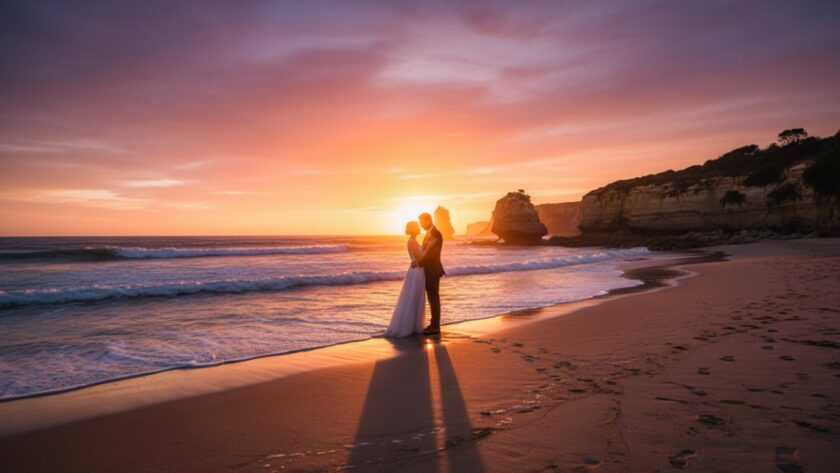 A wide shot of a bridal couple silhouetted against a dramatic Sorrento Victoria sunset, with the ocean and iconic cliffs in the background, embodying Sorrento Victoria luxury wedding photography capturing candid moments in a truly epic moment.