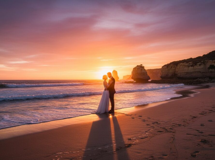 A wide shot of a bridal couple silhouetted against a dramatic Sorrento Victoria sunset, with the ocean and iconic cliffs in the background, embodying Sorrento Victoria luxury wedding photography capturing candid moments in a truly epic moment.