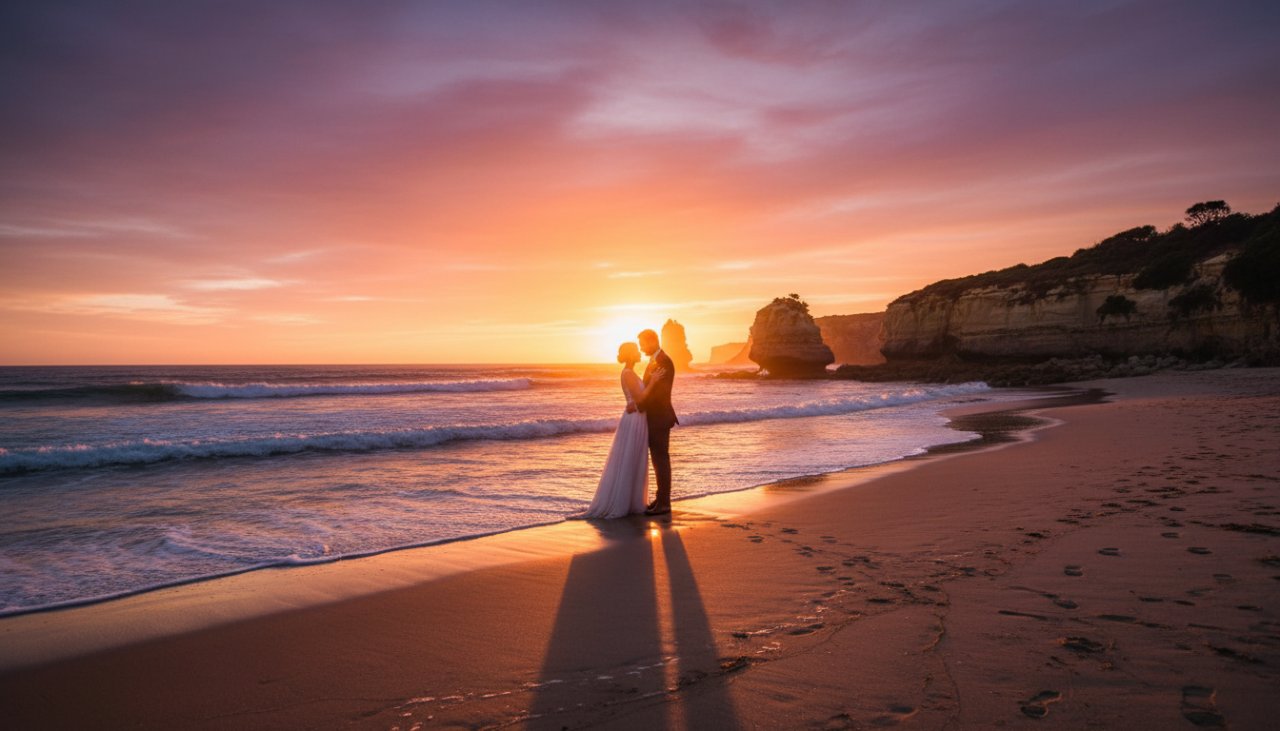 A wide shot of a bridal couple silhouetted against a dramatic Sorrento Victoria sunset, with the ocean and iconic cliffs in the background, embodying Sorrento Victoria luxury wedding photography capturing candid moments in a truly epic moment.