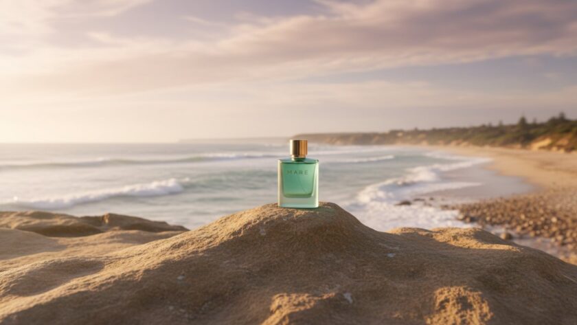 An exquisite lifestyle photograph showcasing a premium skincare product bottle crafted from amber glass, subtly reflecting the golden hour sunlight over the rugged limestone cliffs and serene turquoise waters of Sorrento, Victoria, capturing the essence of 'Sorrento Victoria product photography for coastal brands'.