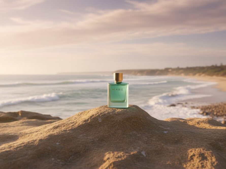 An exquisite lifestyle photograph showcasing a premium skincare product bottle crafted from amber glass, subtly reflecting the golden hour sunlight over the rugged limestone cliffs and serene turquoise waters of Sorrento, Victoria, capturing the essence of 'Sorrento Victoria product photography for coastal brands'.