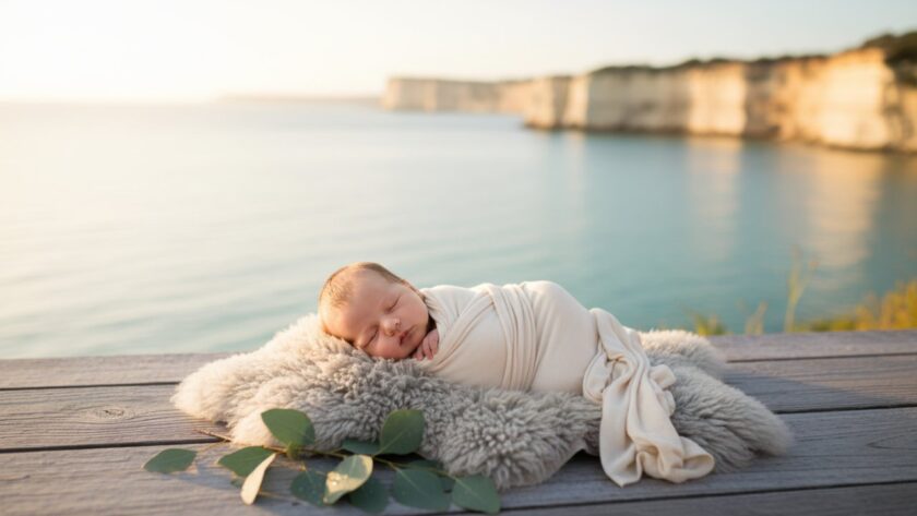 A breathtaking, serene "epic moment" photograph capturing a newborn baby gently swaddled in soft, natural linen, nestled amongst delicate, pale coastal flora, with the soft, ethereal light of a Sorrento Victoria sunrise filtering through, creating a warm glow. The image embodies a tranquil, tender, and timeless Sorrento Victoria serene newborn photography experience.