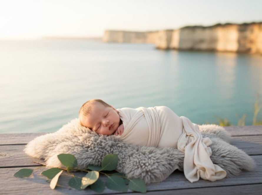 A breathtaking, serene "epic moment" photograph capturing a newborn baby gently swaddled in soft, natural linen, nestled amongst delicate, pale coastal flora, with the soft, ethereal light of a Sorrento Victoria sunrise filtering through, creating a warm glow. The image embodies a tranquil, tender, and timeless Sorrento Victoria serene newborn photography experience.