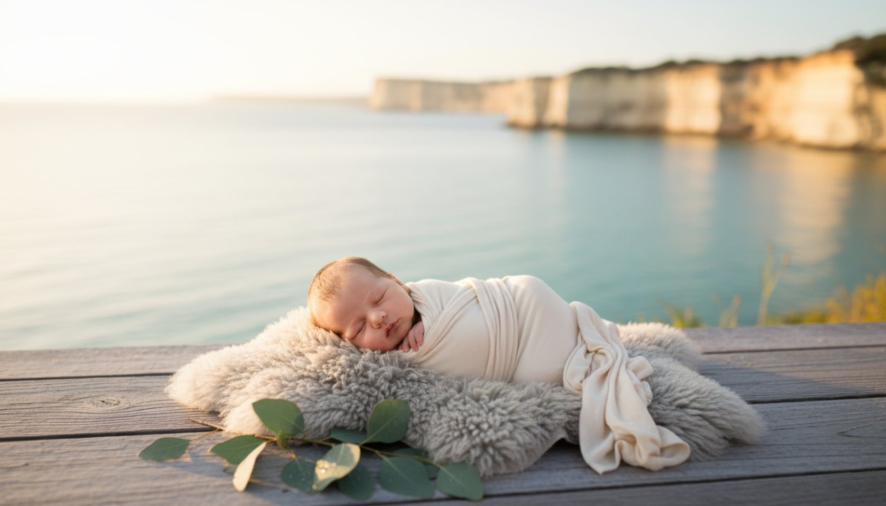 A breathtaking, serene "epic moment" photograph capturing a newborn baby gently swaddled in soft, natural linen, nestled amongst delicate, pale coastal flora, with the soft, ethereal light of a Sorrento Victoria sunrise filtering through, creating a warm glow. The image embodies a tranquil, tender, and timeless Sorrento Victoria serene newborn photography experience.