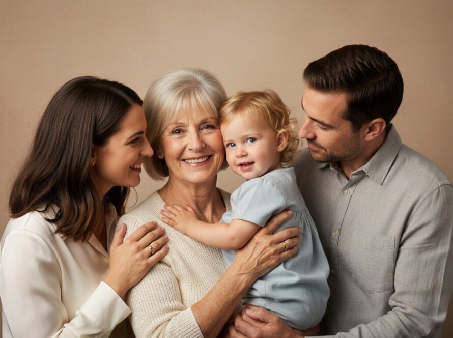 A heartwarming Sorrento Victoria studio family portraits scene, capturing a family of four laughing joyfully as they embrace, bathed in soft, elegant studio lighting, creating a timeless and intimate 'epic moment'.