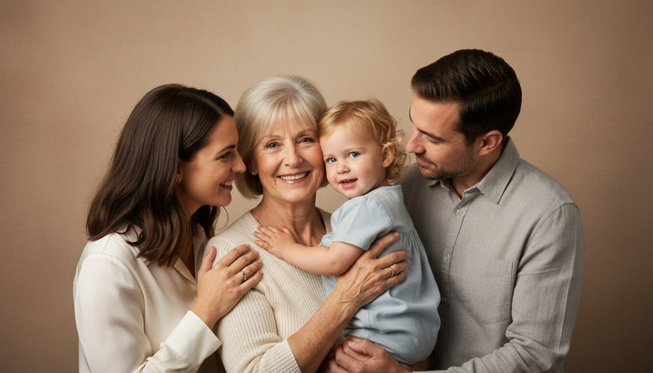 A heartwarming Sorrento Victoria studio family portraits scene, capturing a family of four laughing joyfully as they embrace, bathed in soft, elegant studio lighting, creating a timeless and intimate 'epic moment'.