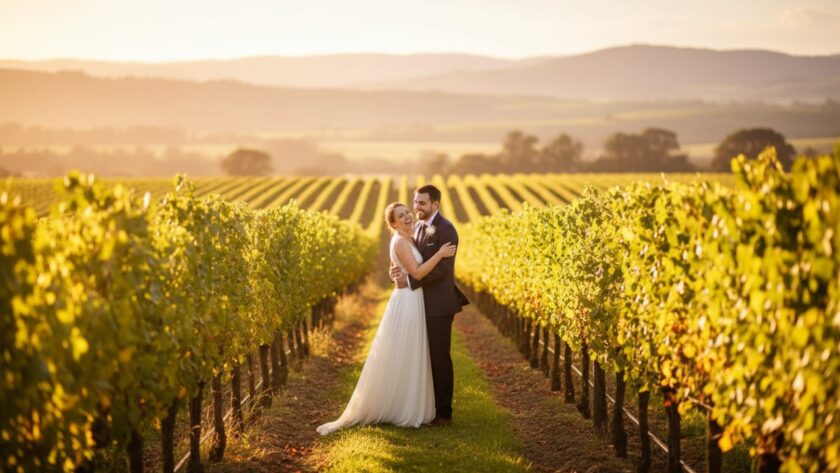 An intimate, joyous moment of a newlywed couple laughing spontaneously amidst the golden hour glow of a Yering vineyard, exemplifying beautiful spontaneous Yering candid wedding photos.