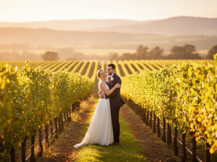 An intimate, joyous moment of a newlywed couple laughing spontaneously amidst the golden hour glow of a Yering vineyard, exemplifying beautiful spontaneous Yering candid wedding photos.