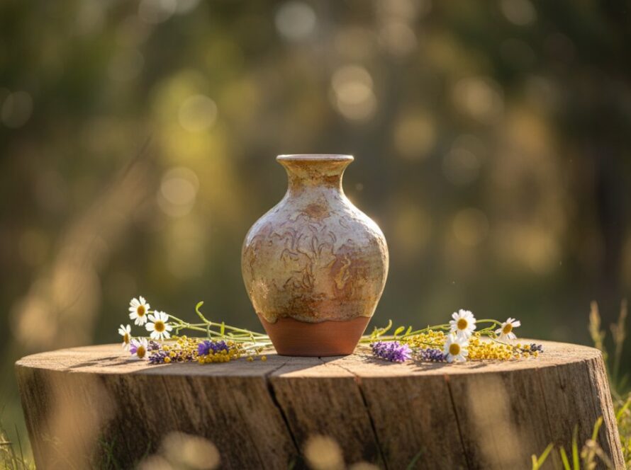 An epic moment capture of intricate handcrafted pottery from Steels Creek, glowing in natural golden hour light, artfully arranged on a rustic wooden table with native Australian flora in the background, showcasing the exquisite detail for Steels Creek artisan product photography for local makers.