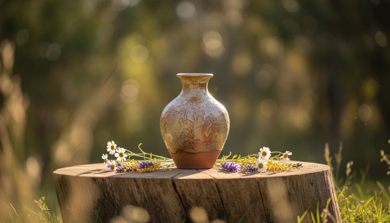 An epic moment capture of intricate handcrafted pottery from Steels Creek, glowing in natural golden hour light, artfully arranged on a rustic wooden table with native Australian flora in the background, showcasing the exquisite detail for Steels Creek artisan product photography for local makers.