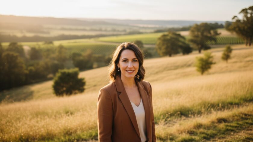 A striking Steels Creek authentic outdoor professional portraits photograph of a confident professional smiling genuinely amidst the natural, rolling hills of Steels Creek, with soft, golden hour light highlighting their expression. The subject is dressed in smart casual attire, looking directly at the camera with an open, inviting posture, surrounded by the lush Victorian landscape, capturing an epic moment of connection and approachability.