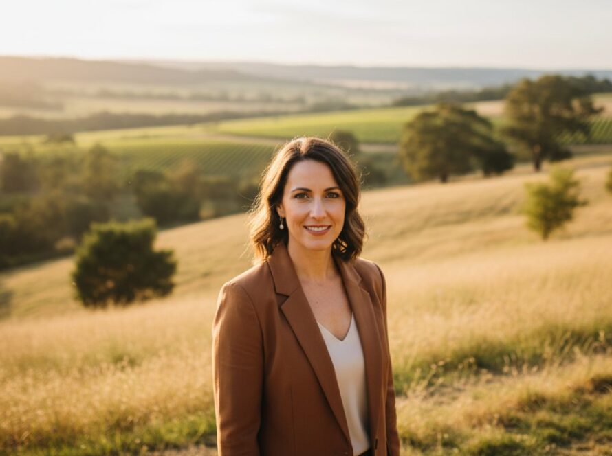 A striking Steels Creek authentic outdoor professional portraits photograph of a confident professional smiling genuinely amidst the natural, rolling hills of Steels Creek, with soft, golden hour light highlighting their expression. The subject is dressed in smart casual attire, looking directly at the camera with an open, inviting posture, surrounded by the lush Victorian landscape, capturing an epic moment of connection and approachability.