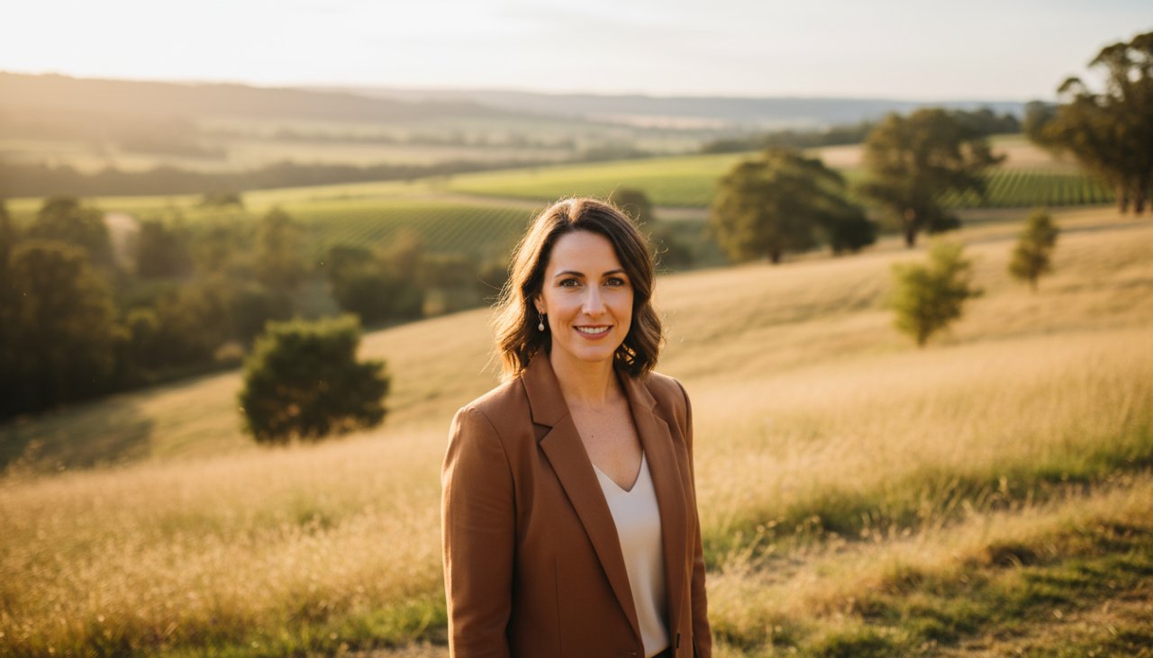 A striking Steels Creek authentic outdoor professional portraits photograph of a confident professional smiling genuinely amidst the natural, rolling hills of Steels Creek, with soft, golden hour light highlighting their expression. The subject is dressed in smart casual attire, looking directly at the camera with an open, inviting posture, surrounded by the lush Victorian landscape, capturing an epic moment of connection and approachability.