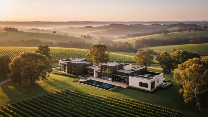 An aerial perspective capturing the breathtaking grandeur of a modern rural home nestled within the rolling hills of Steels Creek, showcasing its unique design at sunset. This epic moment exemplifies Steels Creek bespoke architectural photography, highlighting the integration of nature and contemporary architecture.