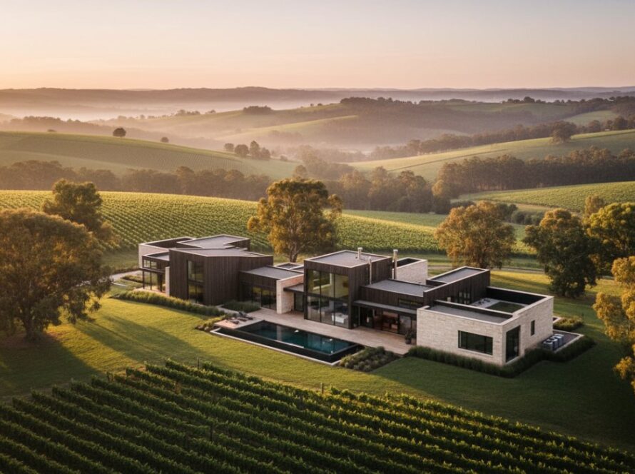 An aerial perspective capturing the breathtaking grandeur of a modern rural home nestled within the rolling hills of Steels Creek, showcasing its unique design at sunset. This epic moment exemplifies Steels Creek bespoke architectural photography, highlighting the integration of nature and contemporary architecture.