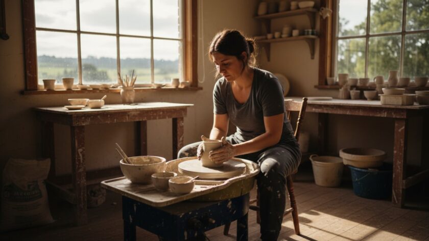 An inspired female artisan in Steels Creek, Victoria, deeply engrossed in crafting bespoke pottery, captured during an epic moment of creative flow for Steels Creek bespoke branding photography, bathed in warm, natural light within her rustic studio.