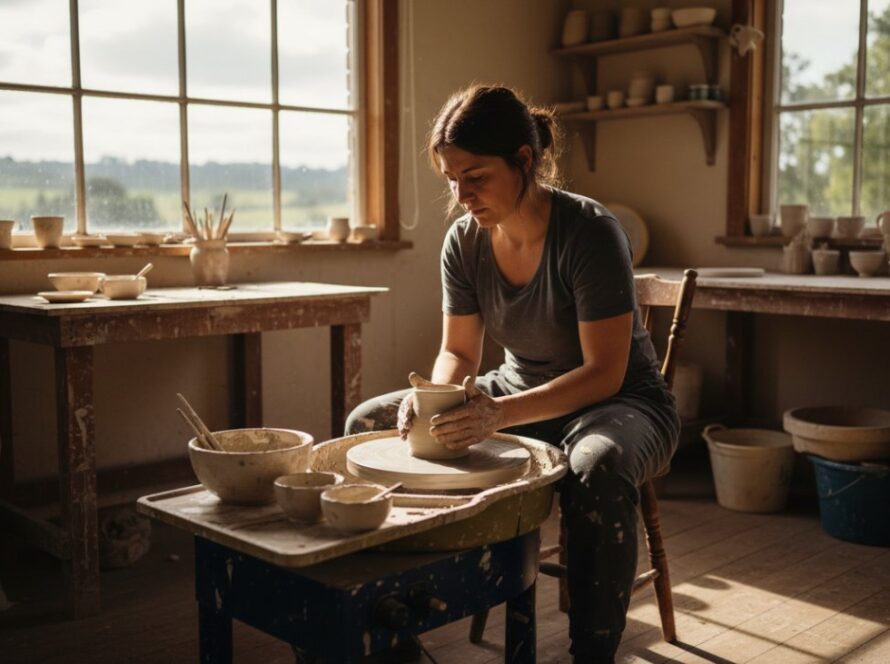 An inspired female artisan in Steels Creek, Victoria, deeply engrossed in crafting bespoke pottery, captured during an epic moment of creative flow for Steels Creek bespoke branding photography, bathed in warm, natural light within her rustic studio.