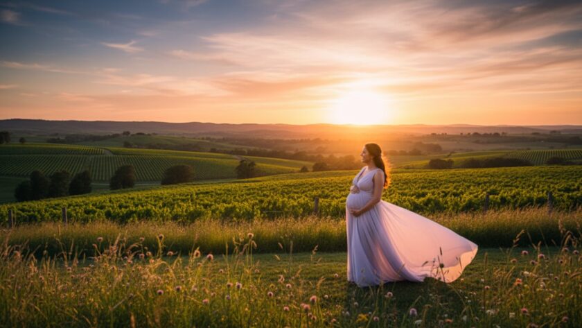 A radiant expectant mother, silhouetted against a golden sunset over the rolling hills of Steels Creek, Victoria, capturing 'Steels Creek breathtaking maternity photos' in an epic, serene landscape shot.