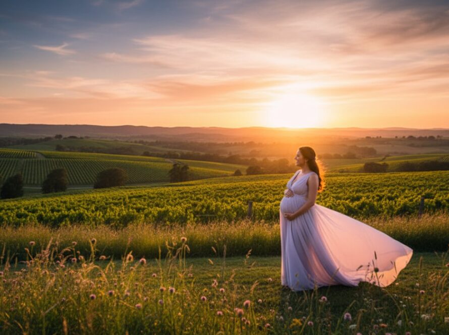 A radiant expectant mother, silhouetted against a golden sunset over the rolling hills of Steels Creek, Victoria, capturing 'Steels Creek breathtaking maternity photos' in an epic, serene landscape shot.