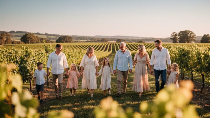 A joyful family laughing together in a sun-drenched vineyard at Steels Creek, captured through authentic Steels Creek candid photography genuine moments, showcasing a heartfelt, unposed connection.
