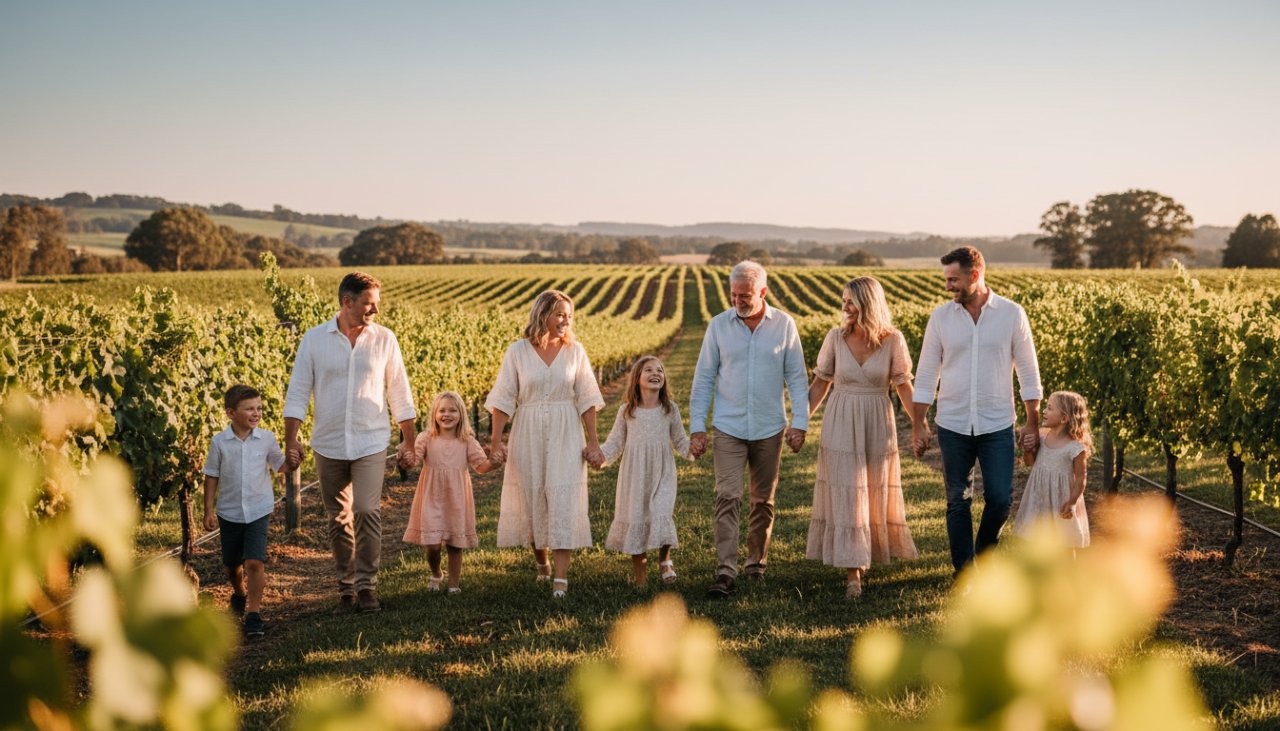 A joyful family laughing together in a sun-drenched vineyard at Steels Creek, captured through authentic Steels Creek candid photography genuine moments, showcasing a heartfelt, unposed connection.