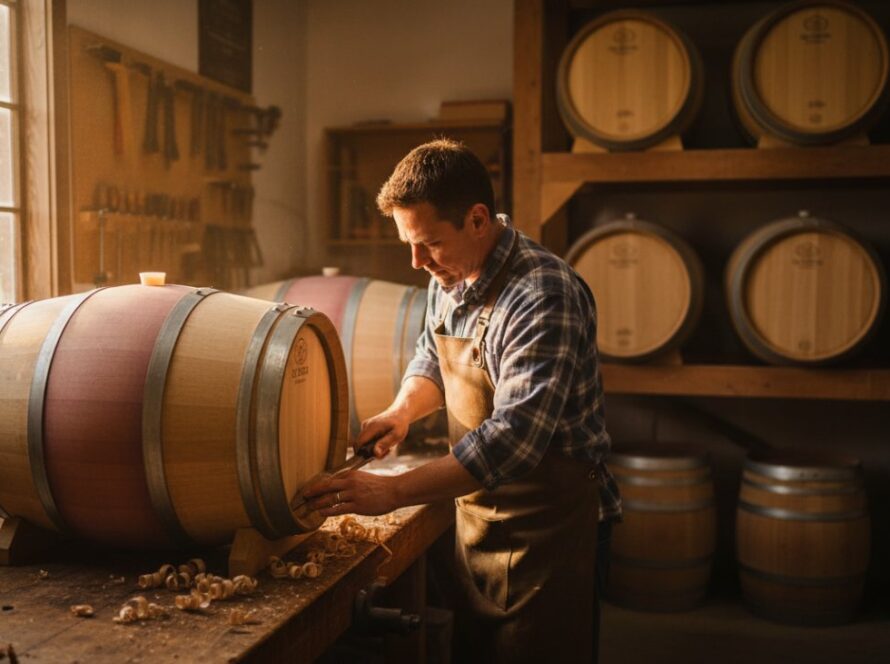 An inspiring wide-angle shot of a local Steels Creek artisan meticulously crafting a custom wooden piece in their sunlit workshop, with their finished products artfully displayed, showcasing expert commercial photography for local brands.