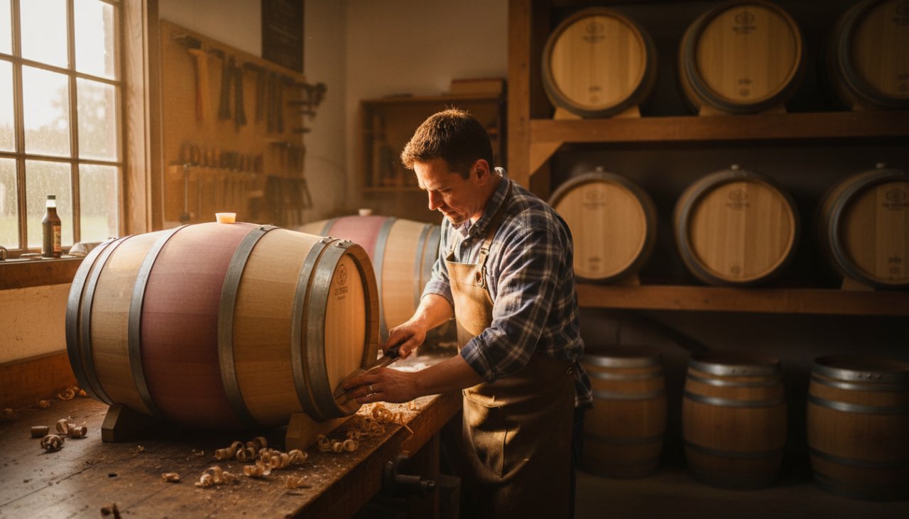 An inspiring wide-angle shot of a local Steels Creek artisan meticulously crafting a custom wooden piece in their sunlit workshop, with their finished products artfully displayed, showcasing expert commercial photography for local brands.