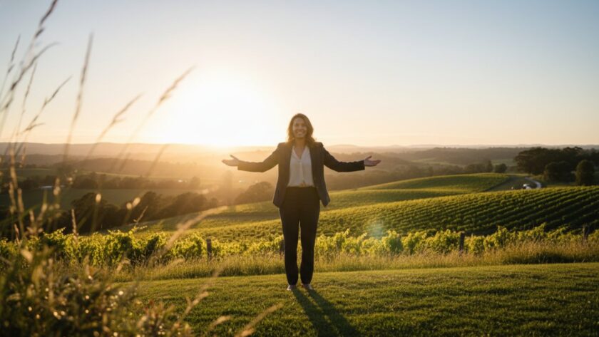A candid, cinematic shot of a business professional receiving their award at an outdoor corporate event, with the rolling green hills of Steels Creek in the background at sunset, highlighting their professional success through Steels Creek corporate photography for bespoke branding.