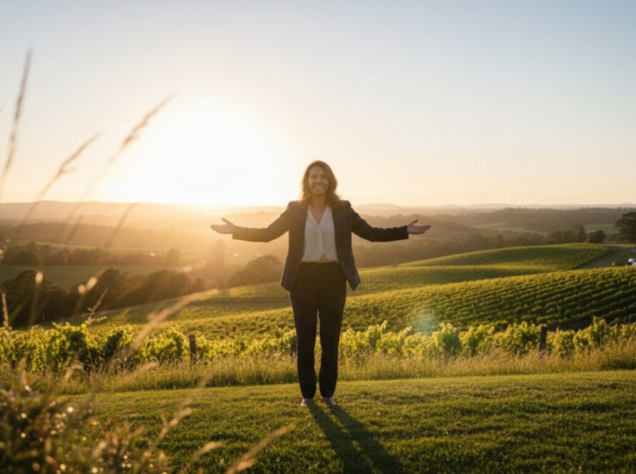 A candid, cinematic shot of a business professional receiving their award at an outdoor corporate event, with the rolling green hills of Steels Creek in the background at sunset, highlighting their professional success through Steels Creek corporate photography for bespoke branding.