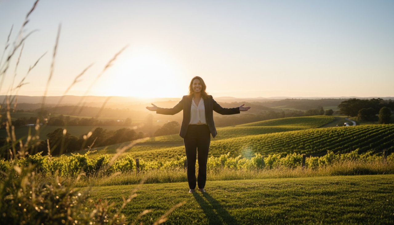 A candid, cinematic shot of a business professional receiving their award at an outdoor corporate event, with the rolling green hills of Steels Creek in the background at sunset, highlighting their professional success through Steels Creek corporate photography for bespoke branding.