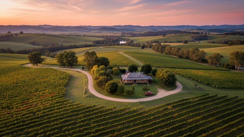 An epic moment captured through Steels Creek drone photography scenic vineyard aerials, showing a golden sunset illuminating expansive vineyards and rolling hills in the Yarra Valley, a tiny car driving on a winding road, with vibrant colours and dramatic shadows.
