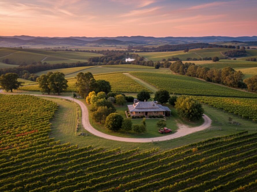 An epic moment captured through Steels Creek drone photography scenic vineyard aerials, showing a golden sunset illuminating expansive vineyards and rolling hills in the Yarra Valley, a tiny car driving on a winding road, with vibrant colours and dramatic shadows.