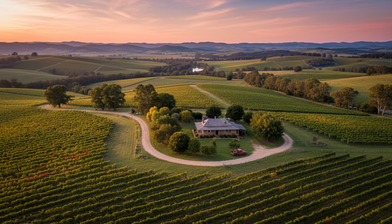 An epic moment captured through Steels Creek drone photography scenic vineyard aerials, showing a golden sunset illuminating expansive vineyards and rolling hills in the Yarra Valley, a tiny car driving on a winding road, with vibrant colours and dramatic shadows.