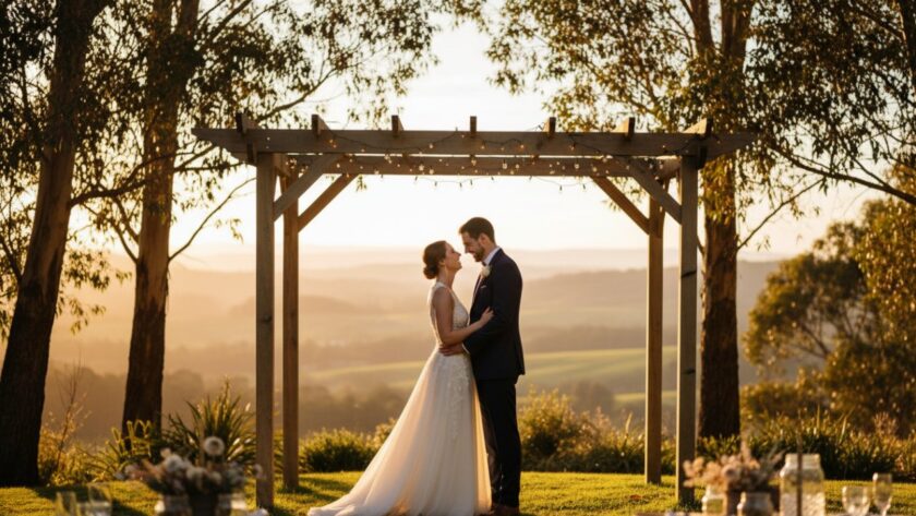 An emotional wide shot capturing a couple's joyful embrace during an outdoor wedding ceremony, with rolling green hills of Steels Creek in the background, perfectly illustrating Steels Creek event photography capturing authentic moments.