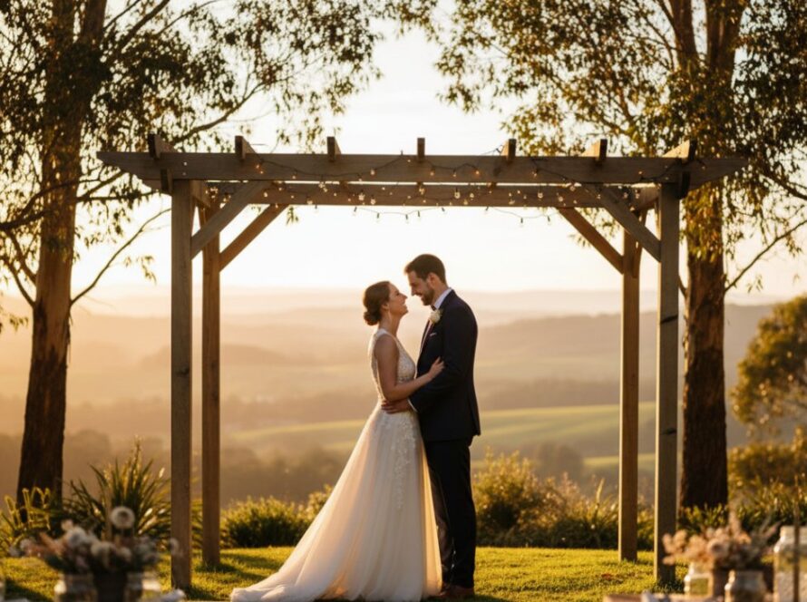 An emotional wide shot capturing a couple's joyful embrace during an outdoor wedding ceremony, with rolling green hills of Steels Creek in the background, perfectly illustrating Steels Creek event photography capturing authentic moments.