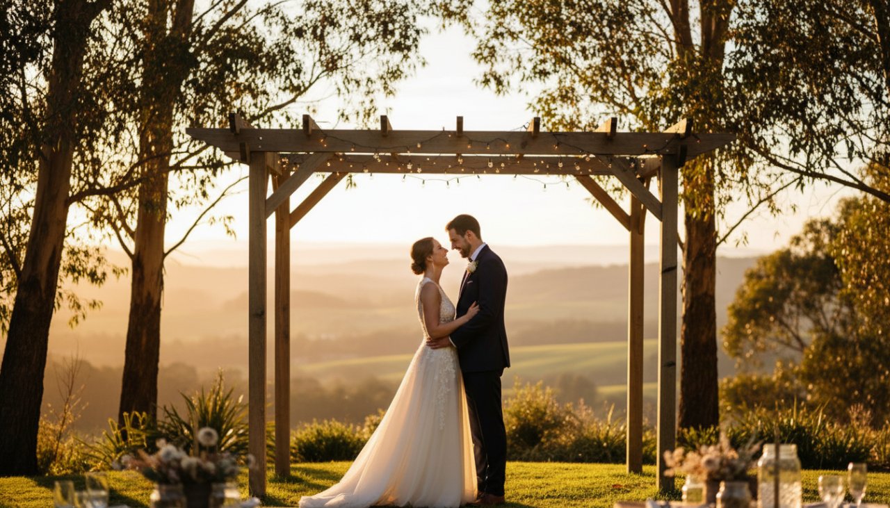 An emotional wide shot capturing a couple's joyful embrace during an outdoor wedding ceremony, with rolling green hills of Steels Creek in the background, perfectly illustrating Steels Creek event photography capturing authentic moments.