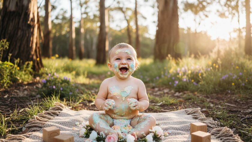 A delighted baby, covered in colourful frosting, laughing amidst a beautifully decorated outdoor setting in Steels Creek, capturing an epic moment of their first birthday cake smash photography session.