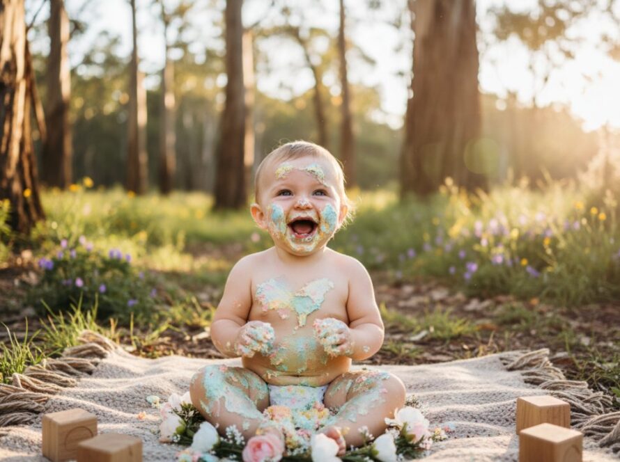 A delighted baby, covered in colourful frosting, laughing amidst a beautifully decorated outdoor setting in Steels Creek, capturing an epic moment of their first birthday cake smash photography session.