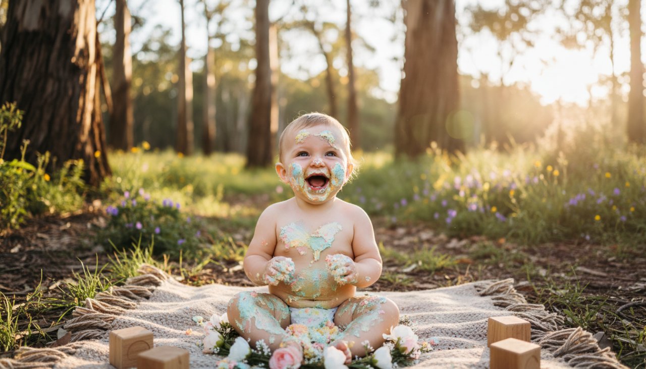 A delighted baby, covered in colourful frosting, laughing amidst a beautifully decorated outdoor setting in Steels Creek, capturing an epic moment of their first birthday cake smash photography session.