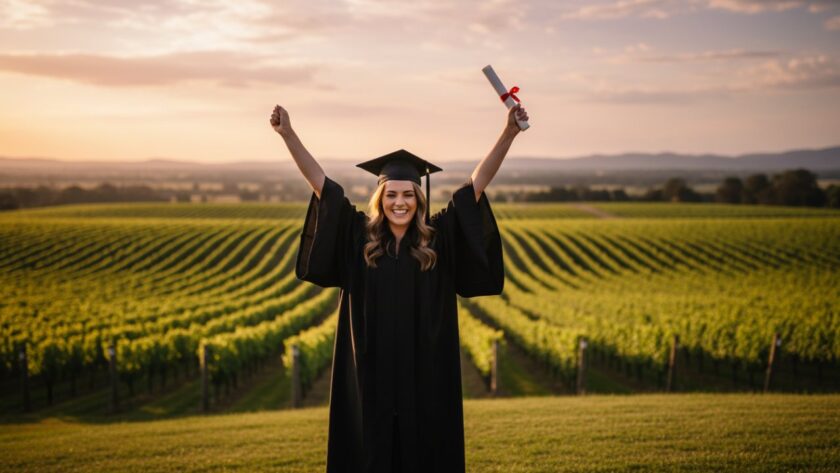 An emotionally resonant 'epic moment' photograph of a proud graduate in their cap and gown, smiling broadly with their diploma held high against a stunning, sun-drenched Steels Creek vineyard backdrop, embodying Steels Creek graduation photography capturing joy.