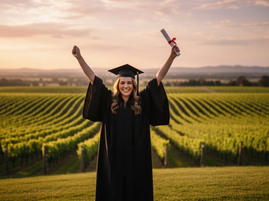 An emotionally resonant 'epic moment' photograph of a proud graduate in their cap and gown, smiling broadly with their diploma held high against a stunning, sun-drenched Steels Creek vineyard backdrop, embodying Steels Creek graduation photography capturing joy.