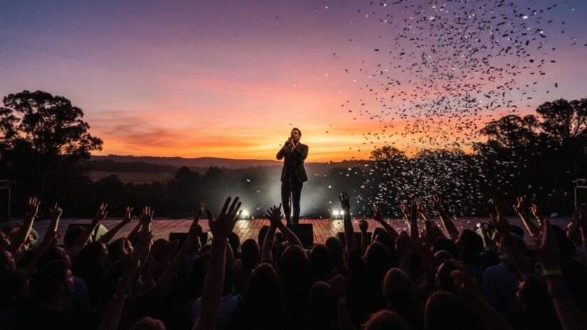 An epic moment captured in Steels Creek intimate live music photography, showcasing a lead guitarist bathed in dramatic stage lighting, mid-solo, with a blurred audience in the background, conveying raw energy and passion.