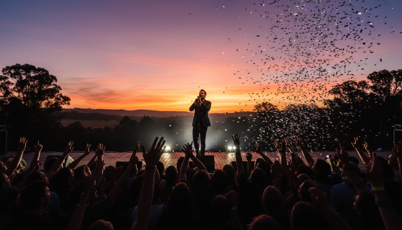 An epic moment captured in Steels Creek intimate live music photography, showcasing a lead guitarist bathed in dramatic stage lighting, mid-solo, with a blurred audience in the background, conveying raw energy and passion.
