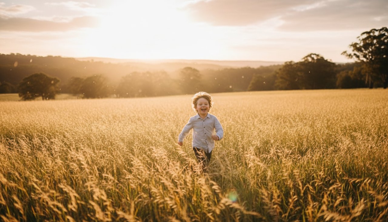 A vibrant Steels Creek kids photography natural light scene showing a young child laughing joyfully amidst sun-dappled trees at sunset, captured in an epic, emotive moment.