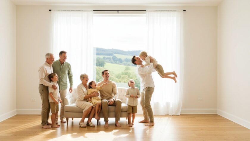 An epic moment captured in Steels Creek natural light studio portraits, featuring a young family laughing joyously, bathed in soft, ethereal window light, creating a timeless and heartfelt portrait.