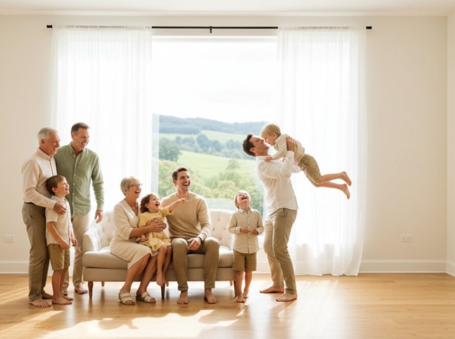 An epic moment captured in Steels Creek natural light studio portraits, featuring a young family laughing joyously, bathed in soft, ethereal window light, creating a timeless and heartfelt portrait.