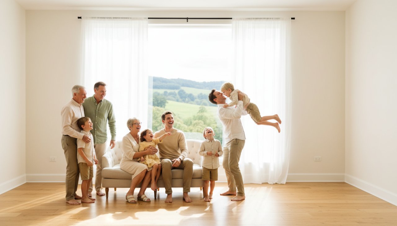 An epic moment captured in Steels Creek natural light studio portraits, featuring a young family laughing joyously, bathed in soft, ethereal window light, creating a timeless and heartfelt portrait.