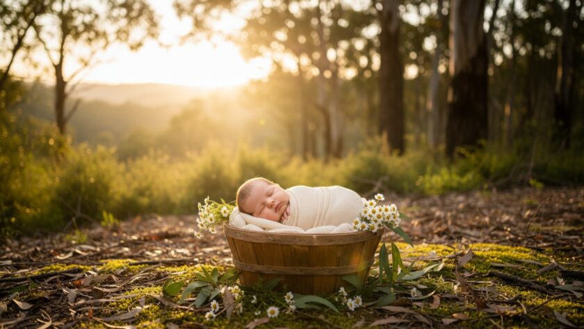 An angelic baby peacefully sleeping, swaddled in a soft blanket, nestled amongst the gentle wildflowers and lush greenery of Steels Creek during a serene Steels Creek newborn photography outdoor session at golden hour, with warm, glowing light filtering through the eucalypt leaves in the background, captured in an epic, cinematic style.