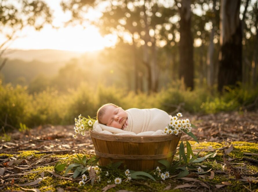 An angelic baby peacefully sleeping, swaddled in a soft blanket, nestled amongst the gentle wildflowers and lush greenery of Steels Creek during a serene Steels Creek newborn photography outdoor session at golden hour, with warm, glowing light filtering through the eucalypt leaves in the background, captured in an epic, cinematic style.