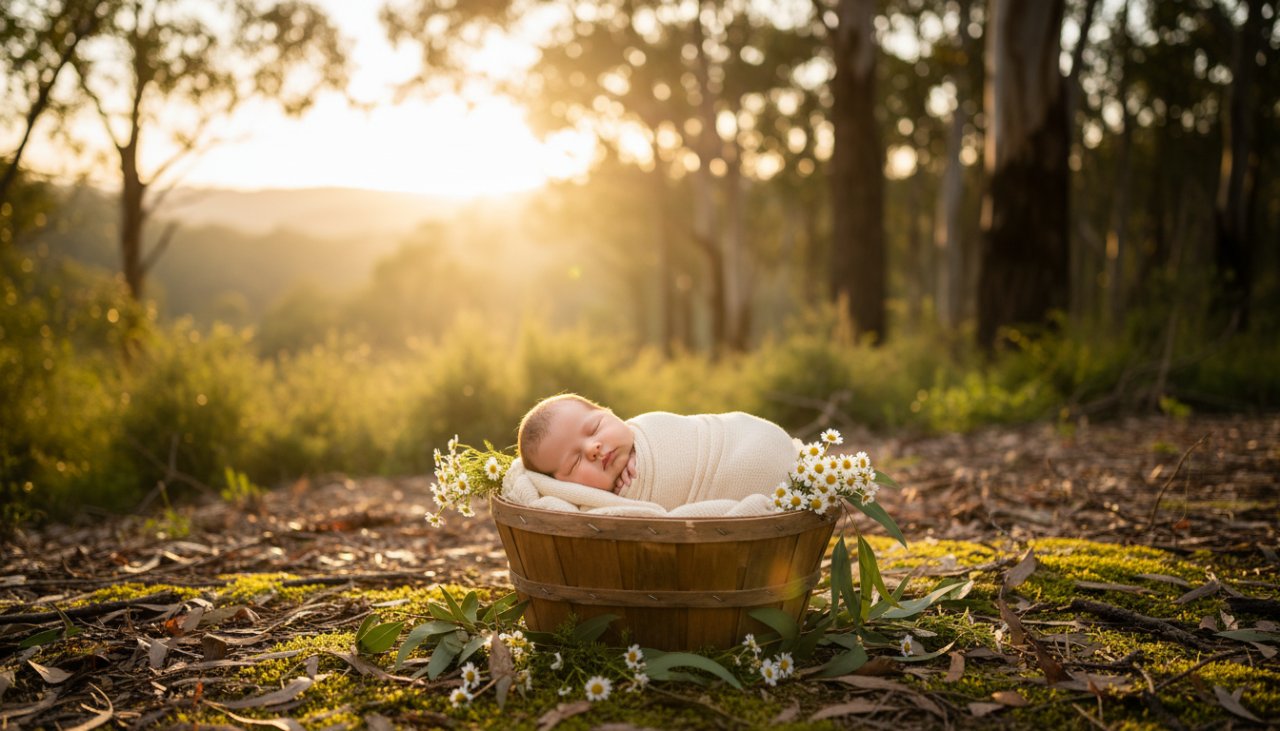 An angelic baby peacefully sleeping, swaddled in a soft blanket, nestled amongst the gentle wildflowers and lush greenery of Steels Creek during a serene Steels Creek newborn photography outdoor session at golden hour, with warm, glowing light filtering through the eucalypt leaves in the background, captured in an epic, cinematic style.